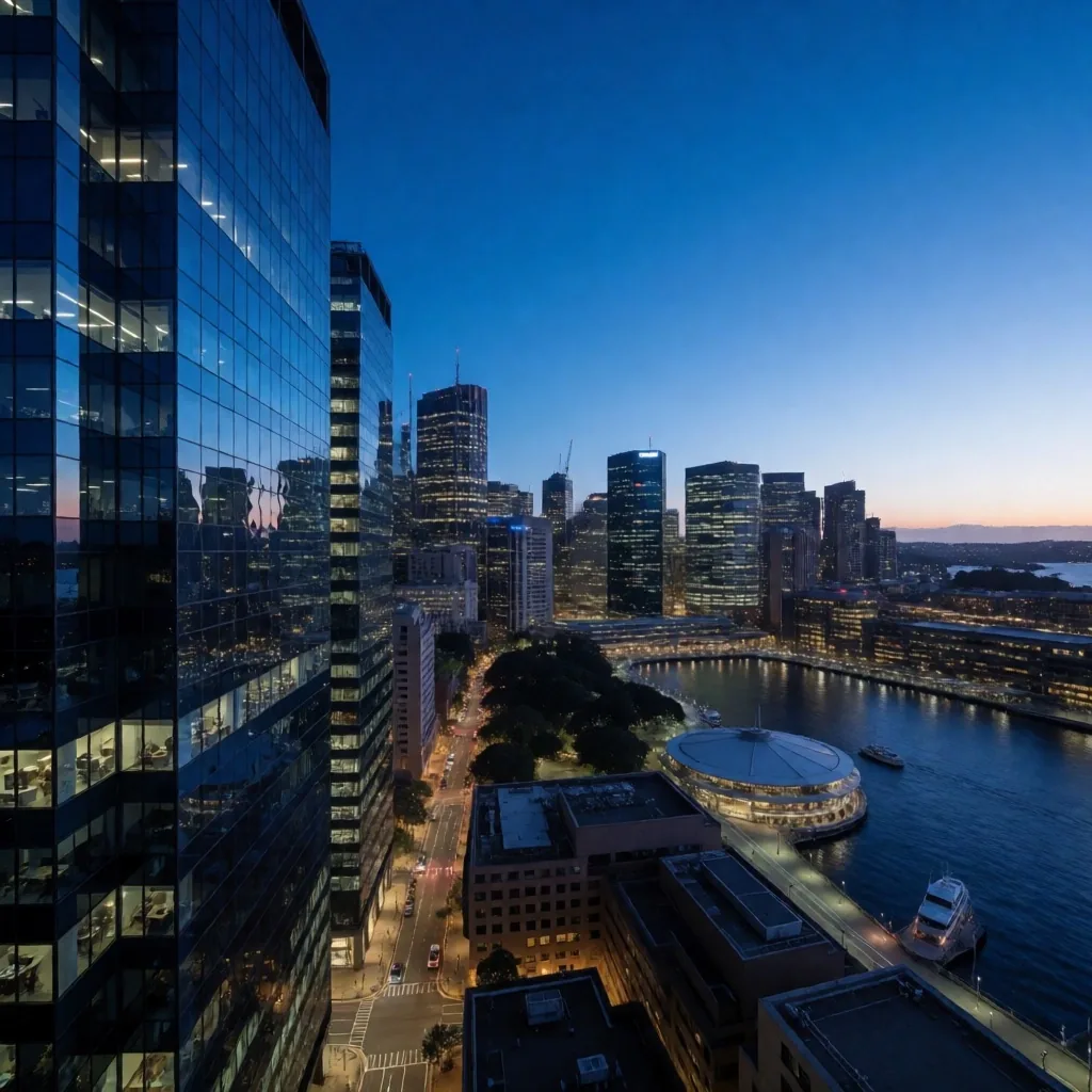 Sydney CBD skyline at night from an elevated office perspective