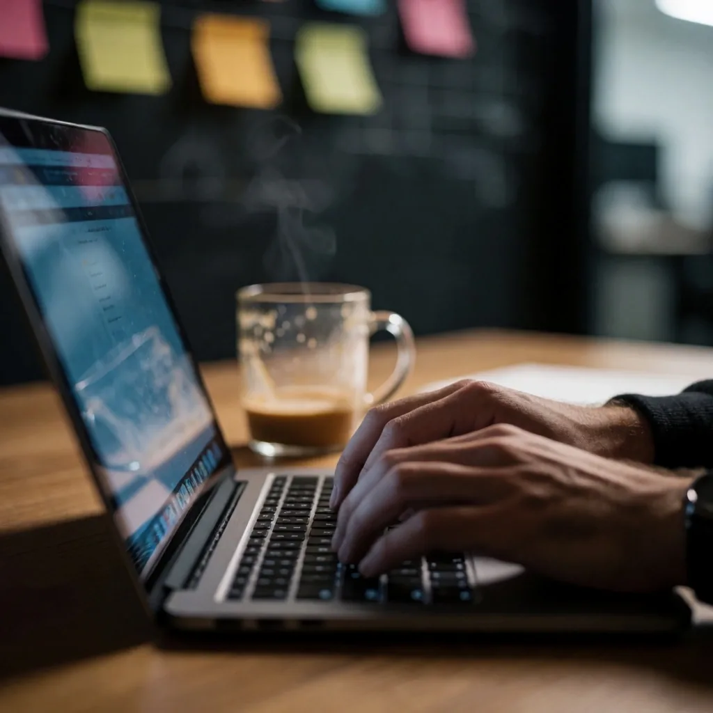 A developer writing code at a laptop in a dimly lit Sydney co-working space