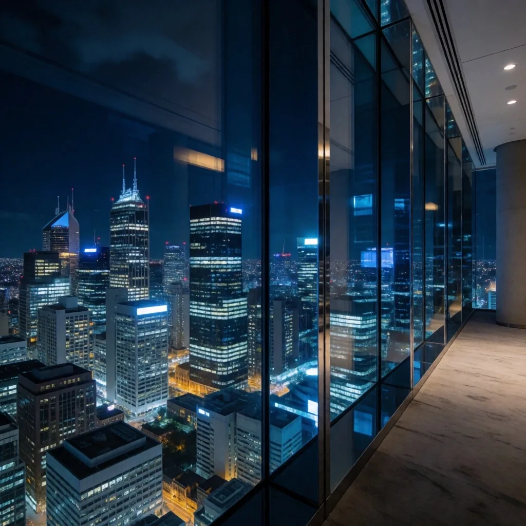 Sydney CBD at night from a high floor, glass towers under cold blue floodlight