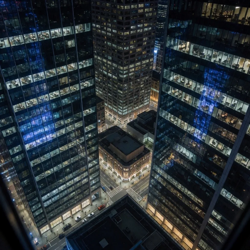 Sydney CBD skyline at night from an elevated office view