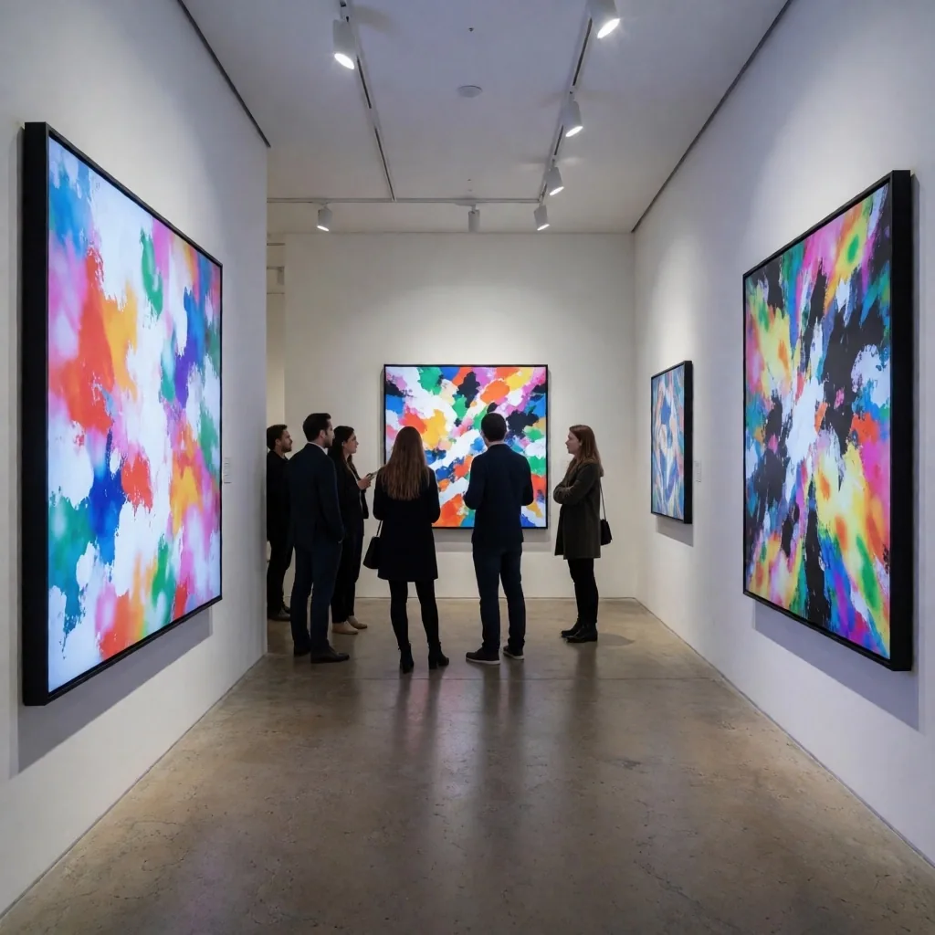 Digital art gallery interior hosting an NFT exhibition