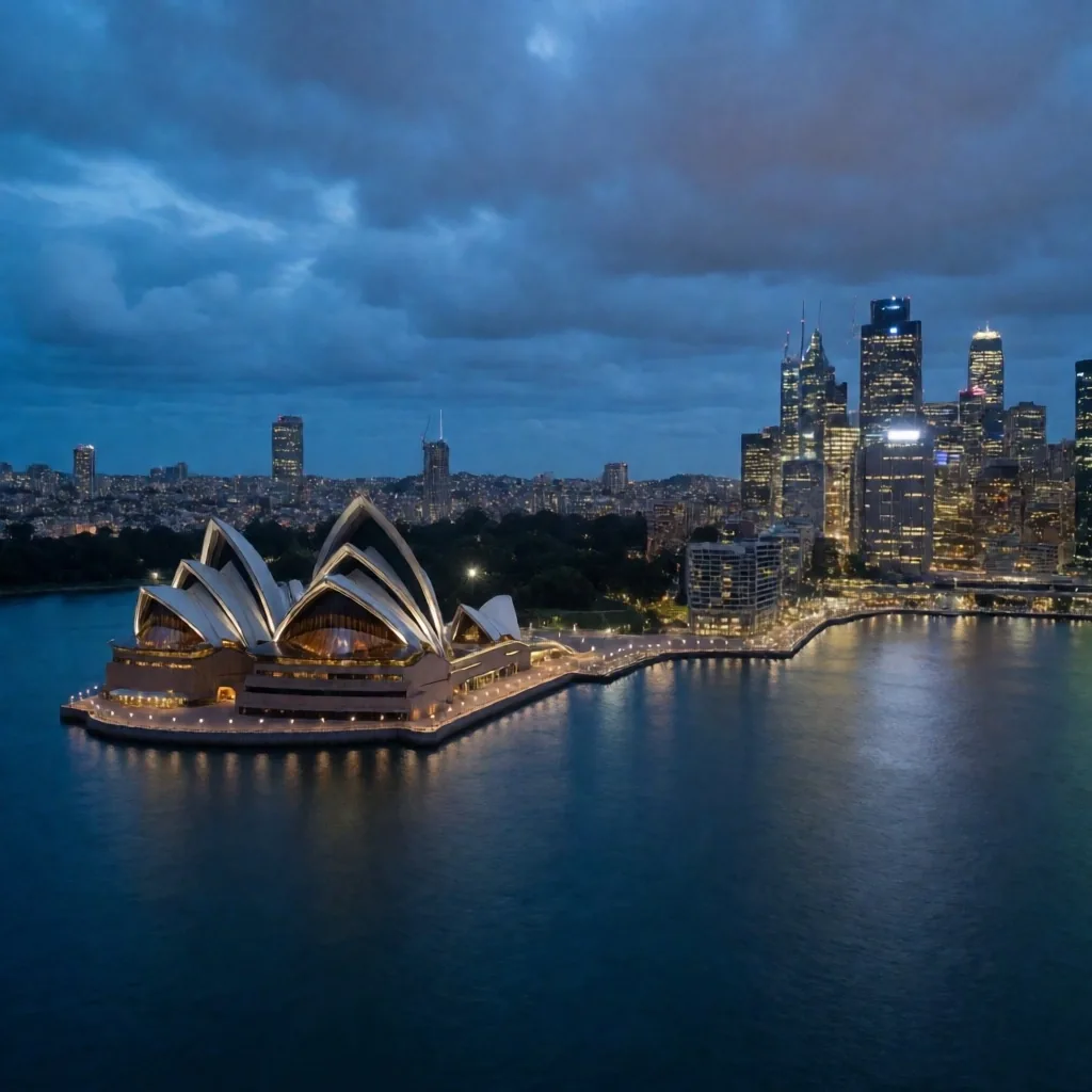 Sydney harbour at blue hour with CBD skyline