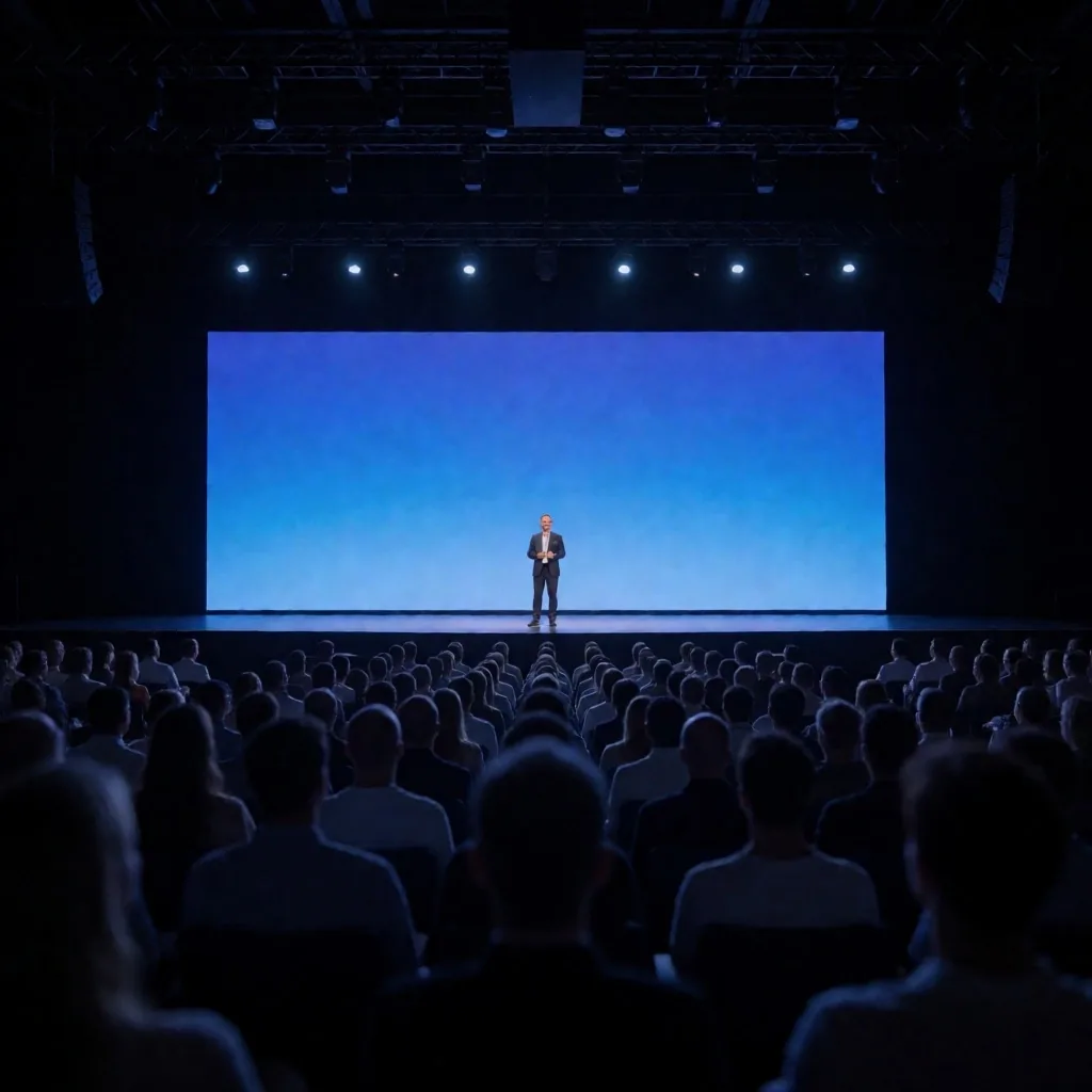 Keynote speaker on stage at a Sydney blockchain conference