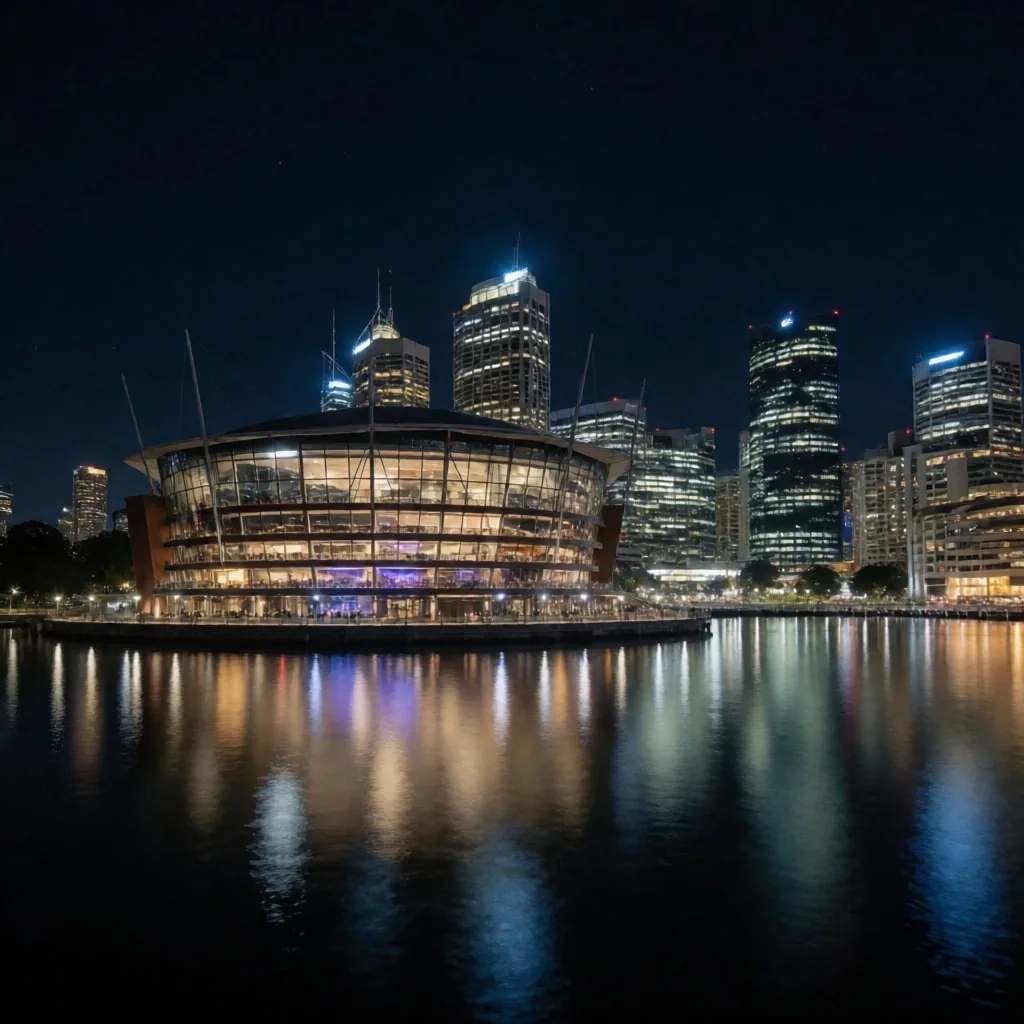 Sydney CBD skyline at night with the International Convention Centre visible near Darling Harbour
