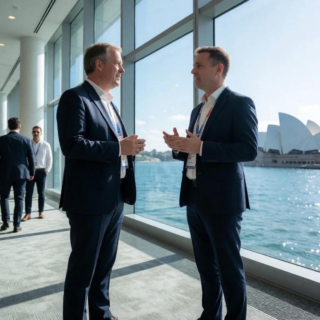 Two professionals networking in a conference foyer overlooking Sydney Harbour