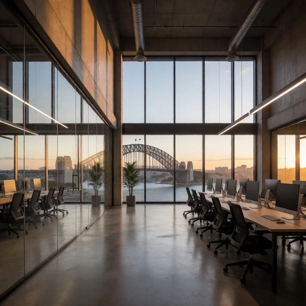 Modern tech coworking space interior in Sydney with harbor views