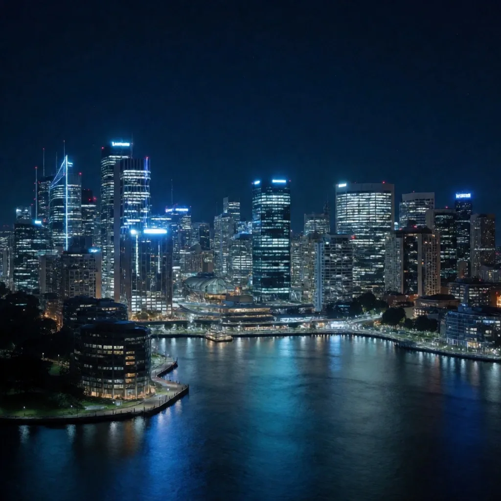 Sydney CBD skyline at night with cold blue ambient light