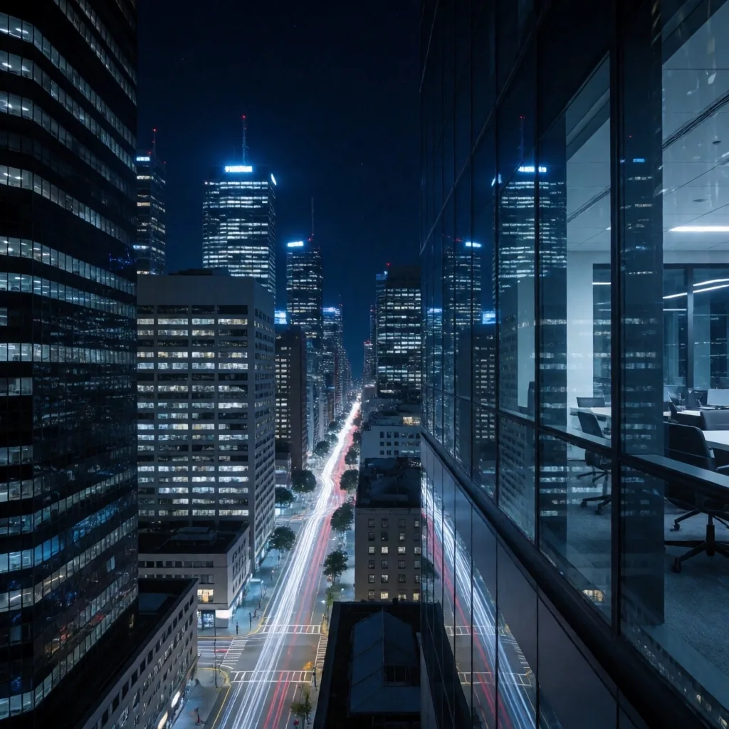 Sydney CBD skyline at night from a high-rise office floor